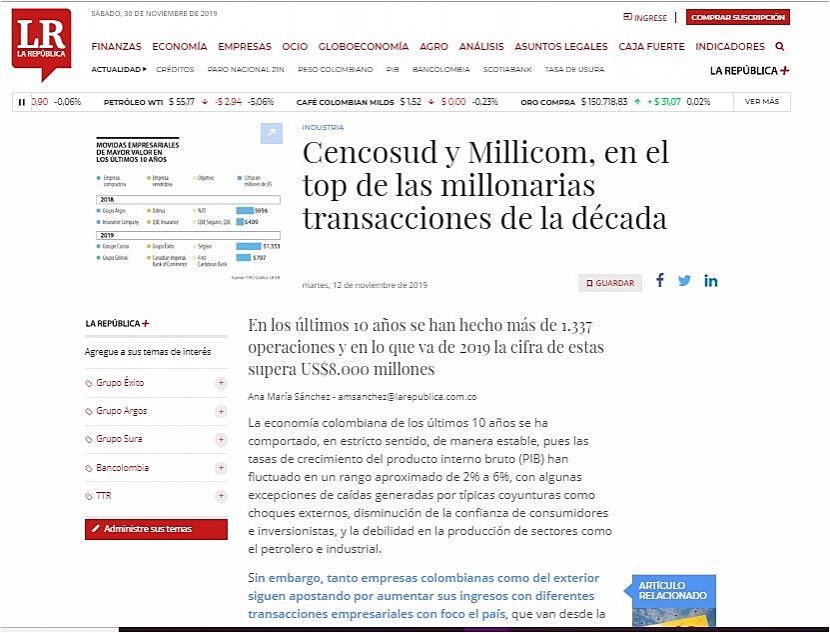 Cencosud y Millicom, en el top de las millonarias transacciones de la dcada